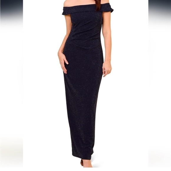 Dresses & Skirts - Adrianna Papell Off-Shoulder metallic knit draped Sparkle Evening Gown navy